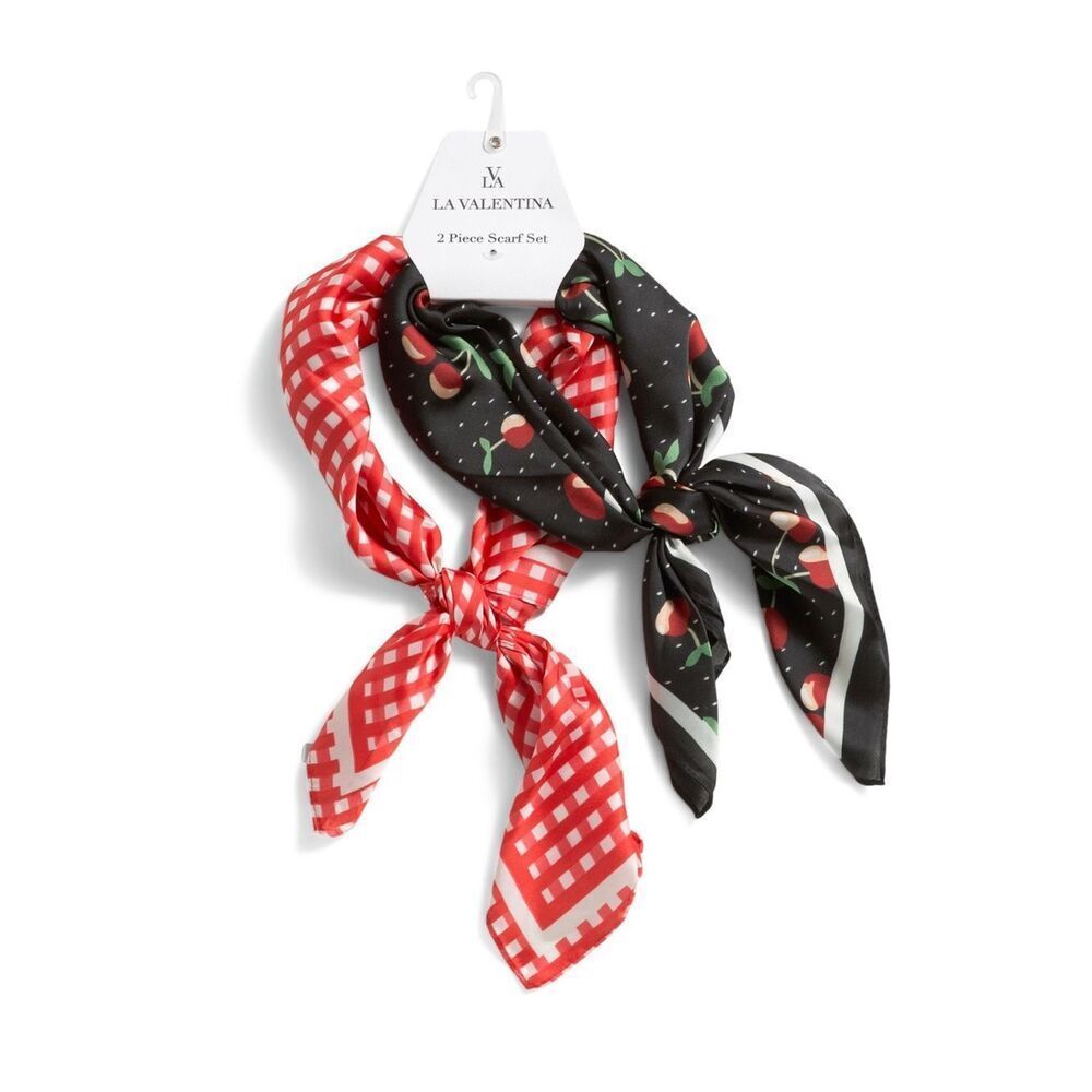 LA VALENTINA Black White Red Cherry Retro Plaid Neck Head Bandana Scarf Set x 2